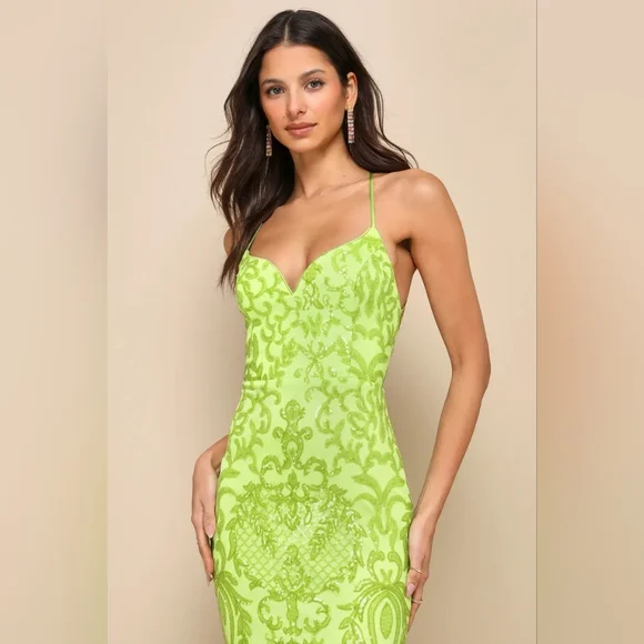 Lulus Limitless Glamour Lime Green Sequin Lace-Up Maxi Dress S Wedding Prom - Picture 4 of 12